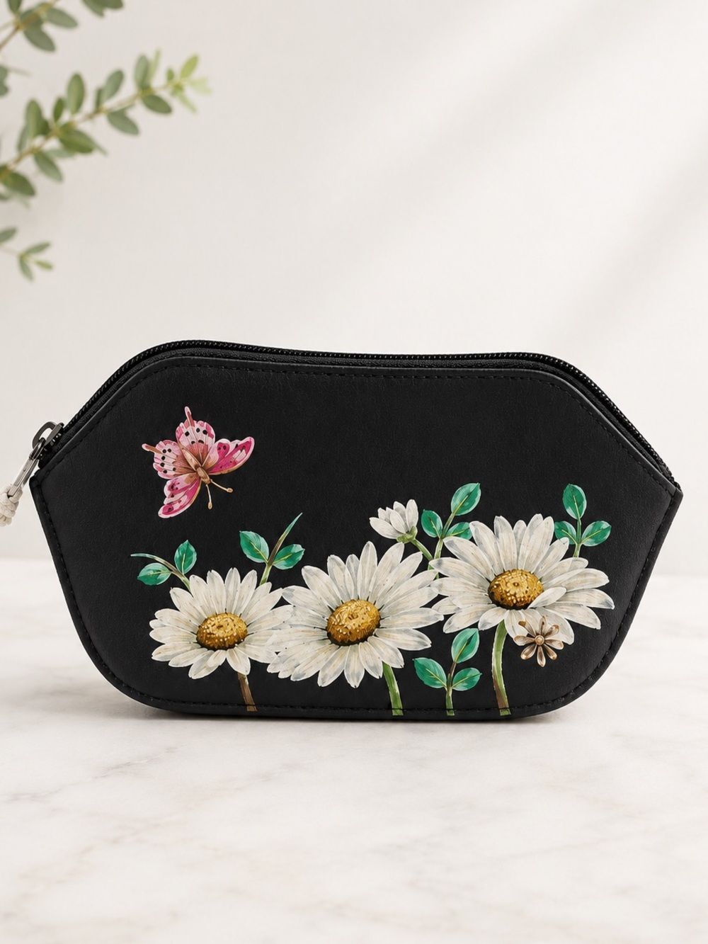 Anuschka Hand Painted Leather Cosmetic Pouch Daisy Butterfly Floral Makeup Bag